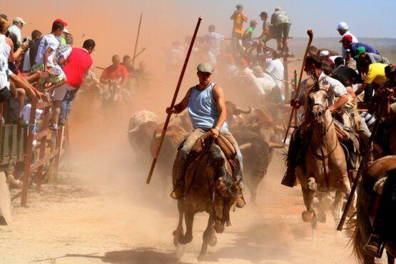 Homem a cavalo com lança durante competição, rodeado de espectadores em pé na poeira.