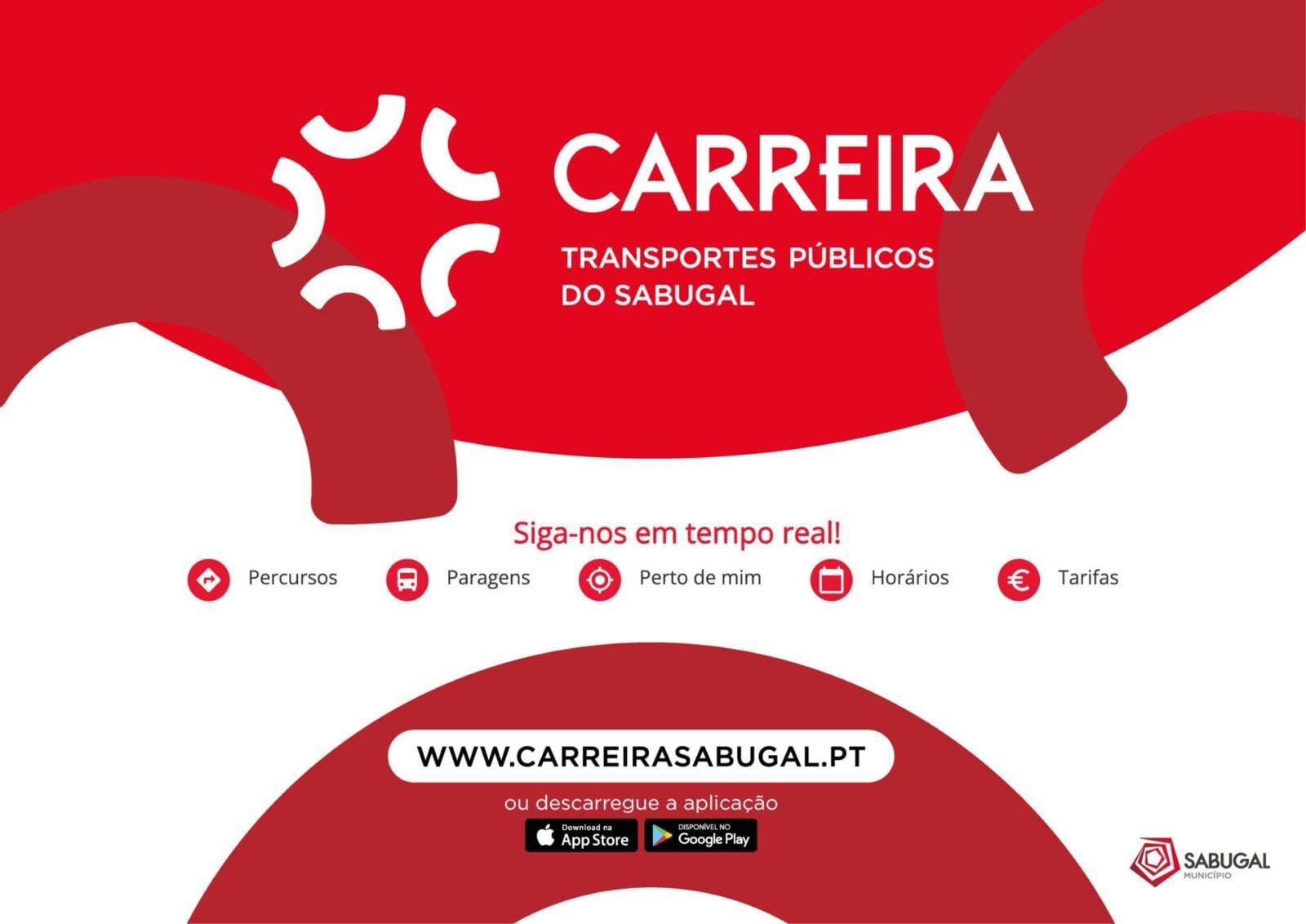 Logótipo e interface da aplicação Carreira Transportes Públicos do Sabugal com opções de percursos, paragens, horários e tarifas.