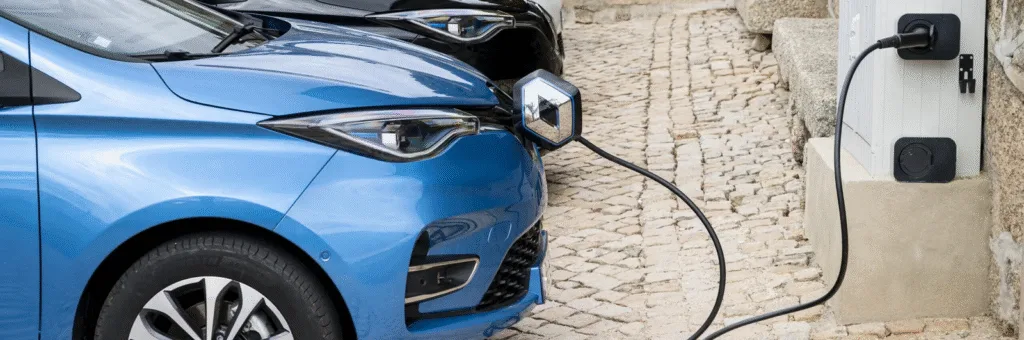 Carro elétrico azul ligado a coluna de carregamento fixada em parede de pedra