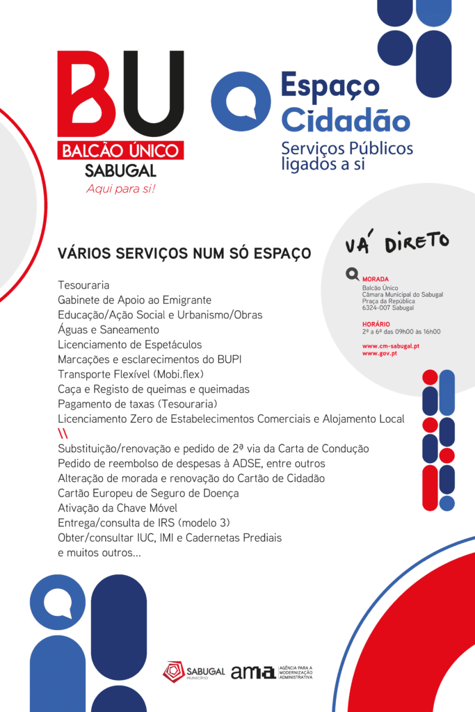 Cartaz do Balcão Único Sabugal e Espaço Cidadão listando serviços públicos disponíveis num único espaço, com logos e informações de contacto.