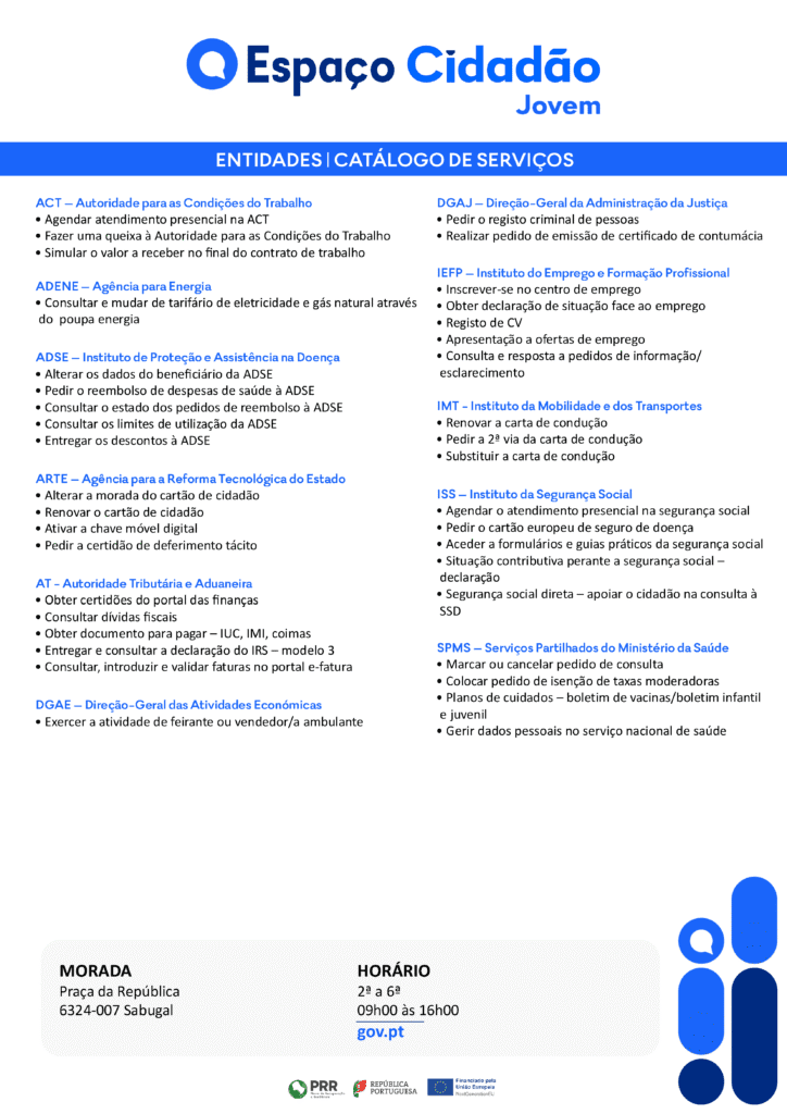 Folheto informativo com logótipo Espaço Cidadão Jovem e catálogo de serviços públicos organizados por entidades, incluindo morada e horários de funcionamento.