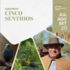 Capa de revista com título Cinco Sentidos, três imagens: pássaro azul, paisagem verde com animais e homem de chapéu e colete castanho.